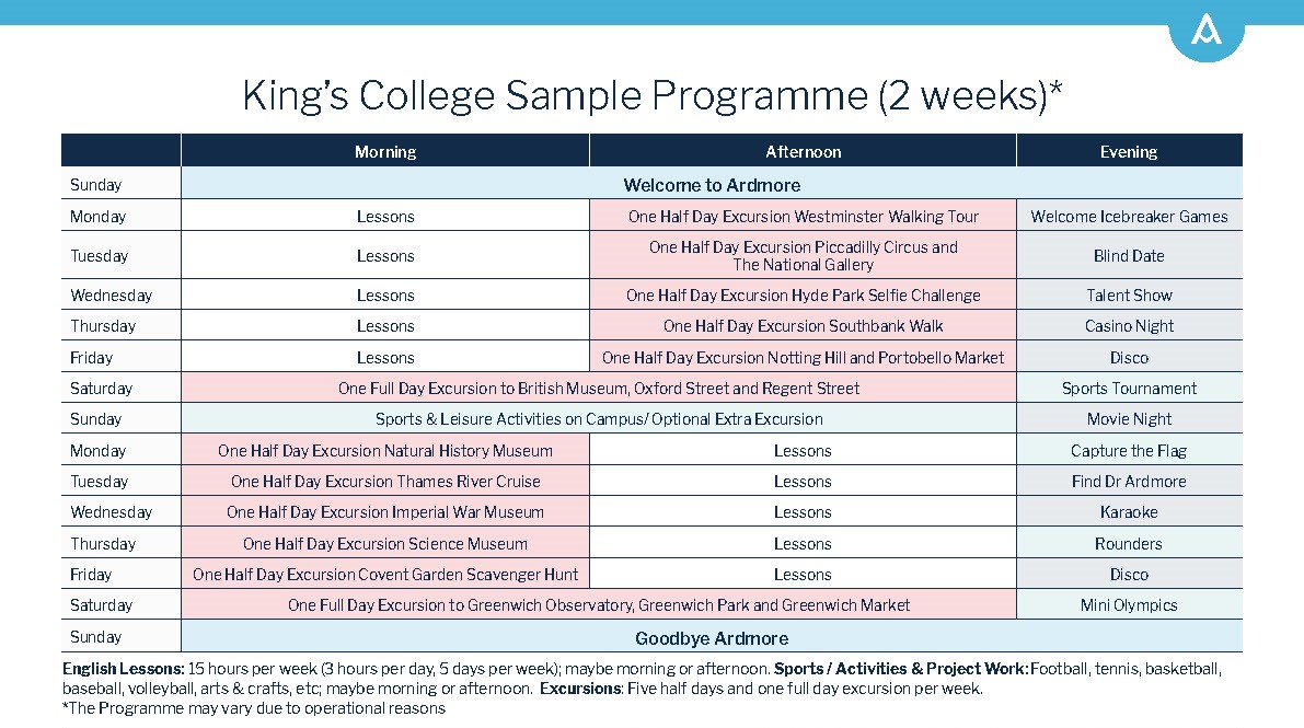 Ardmore - King's College - 2 weeks sample programme